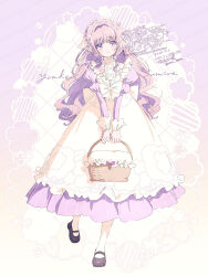  1girl apron basket black_shoes blush character_request copyright_request dress full_body grid_background hair_intakes highres holding holding_basket juliet_sleeves long_hair long_sleeves looking_at_viewer mary_janes pantyhose parted_lips pink_dress pink_eyes pink_hair puffy_sleeves serizawa_serizane shoes solo standing standing_on_one_leg striped_clothes striped_dress vertical-striped_clothes vertical-striped_dress watermark white_apron white_background white_pantyhose 