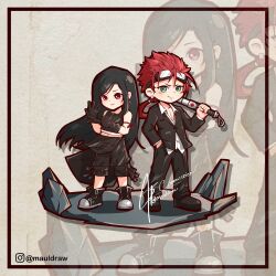  1boy 1girl absurdres adjusting_clothes adjusting_gloves apron arm_up bare_shoulders black_apron black_boots black_border black_gloves black_hair black_jacket black_pants black_shoes black_shorts boots border breasts chibi chibi_only closed_mouth collared_shirt commission earrings facial_mark final_fantasy final_fantasy_vii final_fantasy_vii:_advent_children full_body furrowed_brow gloves goggles goggles_on_head green_eyes hand_in_pocket highres holding_baton_(weapon) jacket jewelry light_smile long_hair low_ponytail medium_breasts midriff navel over_shoulder pants ponytail red_eyes red_hair red_ribbon reno_(ff7) ribbon rollbananana shirt shoes shorts sign single_earring spiky_hair standing suit_jacket tifa_lockhart twitter_username waist_apron weapon weapon_over_shoulder white_shirt 