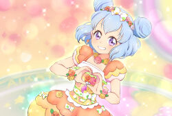  1girl aikatsu!_(series) aikatsu_stars! blue_hair bow bubble_skirt commentary_request cowboy_shot double_bun dress earrings floral_print grin hair_bun hairband hands_up haruka_ruka heart heart_hands highres idol_clothes jewelry looking_at_viewer okameti orange_dress puffy_short_sleeves puffy_sleeves short_hair short_sleeves skirt smile solo standing violet_eyes white_bow 