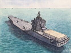  aircraft atelier_bono clouds cloudy_sky commentary_request flight_deck helicopter highres iran iranian_navy iris_shahid_bagheri mast military_vehicle no_humans ocean original painting_(medium) ship sky traditional_media vehicle_focus warship watercolor_(medium) watercraft 