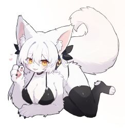  1girl animal_ear_fluff animal_ears animal_hands bikini black_bikini black_thighhighs body_fur breasts claws fox_ears fox_girl furry furry_female highres large_breasts looking_at_viewer lying original pawpads pemi_(spommmm) simple_background solo stirrup_legwear swimsuit tail thigh-highs toeless_legwear tongue tongue_out white_background white_fur white_hair yellow_eyes 
