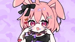  1girl :d ahoge animal_ears bandaid bandaid_on_arm black_bow black_shirt blush_stickers bow character_request commentary_request copyright_request crossed_bangs double-parted_bangs fang hair_between_eyes hair_bow hair_ornament hands_up highres looking_at_viewer open_mouth pink_hair purple_background rabbit_ears rabbit_girl shiroko_(purinkirin) shirt short_hair short_sleeves skin_fang smile solo twitter_username upper_body x_hair_ornament 