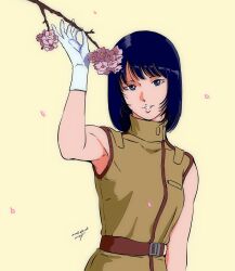  1girl aeug belt black_hair blue_eyes breasts fa_yuiry flower gloves gundam highres holding holding_flower looking_at_viewer military_uniform open_mouth pgmajimaji pink_flower science_fiction short_hair signature simple_background sleeveless smile solo upper_body white_gloves yellow_background zeta_gundam 
