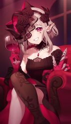  1girl absurdres alcohol black_dress black_flower black_horns black_pantyhose black_rose breasts crossed_legs cup demon_horns dim_lighting dress drinking_glass elf elu_(nijisanji) facial_mark floral_print flower gem gloves goth_fashion grey_hair hat highres holding holding_cup horns jewelry lace_trim lace_veil looking_at_viewer necklace nijisanji open_mouth pantyhose pink_eyes pointy_ears red_background red_gem red_gloves red_wine rose short_hair sitting smile solo strapless strapless_dress veil wine wine_glass yoshihiro_(yoshihiro12190) 