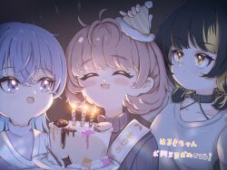  3girls ^_^ belt_collar birthday_cake birthday_sash black_hair blonde_streaks blue_hair blush brown_hair cake candle candlelight character_name closed_eyes collar cometik_(idolmaster) commentary food fur-trimmed_headwear fur_trim grey_sweater happy hat highres idolmaster idolmaster_shiny_colors ikaruga_luca ikuta_haruki looking_at_another multicolored_hair multiple_girls party_hat ribbed_sweater short_twintails smile streaked_hair suzuki_hana sweater translation_request twintails untranslatable_commentary upper_body yod 