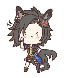  1girl air_shakur_(umamusume) air_shakur_(unsigned)_(umamusume) anger_vein animal_ears black_boots black_hair black_jacket black_shorts black_thighhighs blush boots chibi closed_mouth commentary cropped_jacket ear_chain english_commentary eyebrow_piercing face_piercing fang horse_ears horse_girl horse_tail jacket linked_piercing long_hair looking_at_viewer paint_on_clothes piercing shirt short_sleeves shorts single_thighhigh smile solid_circle_eyes solo squiggle tail thigh-highs thigh_strap ukichan22905846 umamusume yellow_shirt 