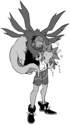  1boy chuu_ni collared_shirt commentary_request full_body headband heart hood hoodie hydreigon male_focus monochrome motion_lines open_mouth pokemon pokemon_(creature) pokemon_sword_and_shield raihan_(pokemon) shirt shoes short_hair shorts simple_background smile solo spiky_hair standing white_background wing_collar 