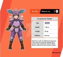  1girl :t animal_ears armor artist_name boots breastplate character_name character_profile clenched_hand deviantart_logo deviantart_username english_text faulds fingerless_gloves genderswap genderswap_(mtf) gloves height highres huffing nidoran nidoran_(male) orange_background pants pauldrons personification pink_armor pokedex_number pokemon pout purple_hair purple_pants purple_shirt red_eyes shirt shoulder_armor solo spiked_gloves taruyamame venus_symbol weight 