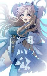  0304rong0304 1girl aqua_pantyhose asymmetrical_footwear blonde_hair blue_eyes commentary_request cone_horns curled_horns ereshkigal_(fate) fate/grand_order fate_(series) frills headpiece highres horns korean_commentary leotard long_hair looking_at_viewer mismatched_footwear multicolored_horns pantyhose parted_bangs puff_and_slash_sleeves puffy_sleeves ribbon single_leg_pantyhose smile solo space_ereshkigal_(fate) two_side_up white_background white_leotard 