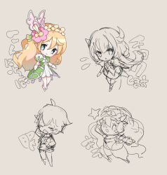  1boy 3girls ahoge chibi chibi_only closed_eyes coat commentary_request dress eleanor_linless_(grimms_notes) eleanor_linless_(original)_(grimms_notes) flower full_body furry furry_female gloves green_coat grey_background grimms_notes hair_flower hair_ornament horns long_hair looking_at_viewer mir_inverno_(grimms_notes) mir_inverno_(original)_(grimms_notes) multiple_girls mystical_beast_ephemero_(grimms_notes) mystical_beast_ephemero_(original)_(grimms_notes) nemusuke open_clothes open_coat open_mouth pink_flower puffy_short_sleeves puffy_sleeves sheep_girl sheep_horns short_hair short_sleeves simple_background sketch star_(symbol) translation_request trine_sanand_(grimms_notes) white_dress white_gloves 