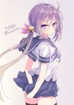  1girl absurdres akebono_(kancolle) bell black_thighhighs blue_sailor_collar blue_skirt flower from_behind hair_bell hair_flower hair_ornament highres hizaka jingle_bell kantai_collection long_hair looking_at_viewer one-hour_drawing_challenge pleated_skirt purple_hair sailor_collar school_uniform serafuku side_ponytail skirt solo thigh-highs very_long_hair violet_eyes 
