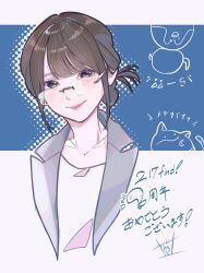  1girl 217find! absurdres animification anniversary black_hair blue_background closed_mouth collarbone commentary_request cropped_head grey_eyes hair_bun halftone halftone_background hanamiya_nina highres kirisaki_nuko looking_at_viewer mole mole_under_eye real_life rimless_eyewear short_hair signature single_hair_bun smile solo translation_request voice_actor 