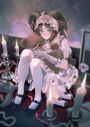  1girl absurdres animal_ears blush bonnet brown_hair candle dress flower frills gloves highres holding holding_stuffed_toy horns hugging_object jewelry knees_up looking_at_viewer mary_janes necklace original pantyhose pearl_necklace sheep sheep_ears sheep_horns shoes sitting solo stuffed_animal stuffed_rabbit stuffed_sheep stuffed_toy teddy_bear vase violet_eyes white_dress white_gloves white_pantyhose yos_(72112764) 