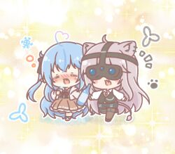  2girls :d ^_^ ahoge animal_ears black_bow black_shoes black_shorts black_vest blue_hair blush blush_stickers boots bottle bow brown_dress brown_pantyhose chibi choko_(cup) closed_eyes collared_shirt colored_shadow cup dress drunk ear_piercing fang fold-over_boots gradient_hair grey_jacket hair_bow heart heart_ahoge highres holding holding_bottle holding_cup hololive jacket lion_ears lion_girl lion_tail long_sleeves mitarashi_neko multicolored_hair multiple_girls night_vision_device nose_blush notice_lines open_clothes open_jacket pantyhose pantyhose_under_shorts piercing pink_hair pleated_dress puffy_long_sleeves puffy_sleeves shadow shirt shishiro_botan shishiro_botan_(button-down) shoes shorts smile snowflakes streaked_hair tail two_side_up vest virtual_youtuber white_boots white_shirt yukihana_lamy yukihana_lamy_(casual) 