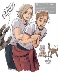  1boy 1other 2girls absurdres alien beard blonde_hair casual child commentary emily_(resident_evil) facial_hair grace_ashcroft highres matomai messy_hair multiple_girls project_hail_mary resident_evil resident_evil_requiem rocky_(project_hail_mary) ryland_grace stubble zombie 