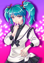  1girl aqua_hair black_ribbon char's_counterattack commentary_request dress gradient_background gundam hair_ribbon highres ikebukuro_maria looking_at_viewer quess_paraya red_ribbon ribbon skirt sparkle_background twintails v violet_eyes 