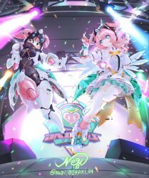  2girls ahoge aqua_streaks aria_(zenless_zone_zero) blue_eyes bow center_frills crossed_bangs dress fingerless_gloves frills full_body gloves green_bow hair_between_eyes hair_intakes highres humanoid_robot joints mechanical_ears multicolored_hair multiple_girls negi_oekaki_04 pink_gloves pink_hair quad_tails robot robot_girl robot_joints shoes smile streaked_hair white_dress white_shoes white_wings wings zenless_zone_zero 
