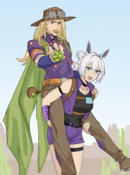  animal_ears armband ball belt black_shirt blonde_hair blue_eyes blue_sky breasts brown_hat brown_pants buttons cactus cape desert gold_teeth green_cape green_eyes green_lips gyro_zeppeli hat highres holding holding_ball horse_ears horse_girl jojo_no_kimyou_na_bouken large_breasts long_hair looking_at_viewer maven_(madeinheaven_23) multiple_belts open_mouth pants purple_shirt purple_vest shirt short_shorts shorts sky smile steel_ball_(jojo) steel_ball_run teeth tongue valkyrie_(jojo) vest white_hair 
