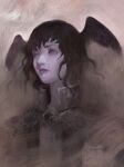  1girl artist_name bird_wings black_eyes black_hair brown_background commentary expressionless final_fantasy final_fantasy_xiv from_side head_wings high_collar highres meteion painterly portrait realistic scherville short_hair signature solo symbol-only_commentary wavy_hair wings 