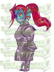  1girl 2026 2d anthro armor artist_name black_eyepatch blue_skin breastplate colored_sclera colored_skin colored_teeth cropped_torso deviantart_sample deviantart_watermark digital_media ear_fins eyepatch female female_only fins fish fish_girl from_side gauntlets head_fins high_ponytail image_sample long_hair looking_at_viewer monster monster_girl pauldrons ponytail red_hair sharp_teeth simple_background slit_pupils solitudekillz solo teeth too_many_watermarks undertale undyne utdr_(toby_fox) watermark white_background yellow_sclera yellow_teeth 