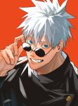  1boy adjusting_eyewear black_jacket clenched_teeth colored_eyelashes from_above gojou_satoru hair_between_eyes highres jacket jujutsu_kaisen looking_at_viewer male_focus mirin_(coene65) orange_background round_eyewear signature simple_background solo teeth tinted_eyewear upper_body white_hair 