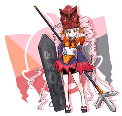  1girl absurdres atsueco124 bare_shoulders black_dress black_shorts closed_mouth commentary detached_sleeves dress drill_hair drop_shadow geta hair_ribbon halberd highres holding holding_weapon jacket japanese_clothes kimono kimono_dress long_hair long_sleeves mask mask_on_head onikko_hunter_tsuina-chan orange_eyes orange_jacket orange_ribbon orange_shorts pink_hair polearm purple_kimono purple_sandals purple_sleeves red_dress red_mask red_rope red_sleeves red_trim ribbon ribbon-trimmed_sleeves ribbon_trim rivets rope sandals sash shield shimenawa shorts sleeveless sleeveless_dress smile solo tasuki tengu-geta tsuina-chan twin_drills two-tone_shorts two-tone_sleeves very_long_hair voiceroid weapon white_sash wide_sleeves 