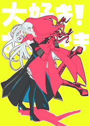  2girls baobhan_sith_(fate) baobhan_sith_(first_ascension)_(fate) black_dress blue_eyes blush dress fate/grand_order fate_(series) full_body hug long_hair morgan_le_fay_(fate) mother_and_child mother_and_daughter multiple_girls parent_and_child pink_dress pink_hair platform_heels ponytail uehara_inco white_hair 