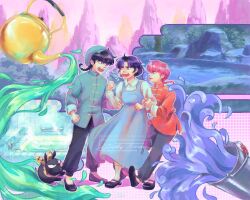  1boy 2girls absurdres black_hair black_pants black_shoes blue_dress blue_eyes blue_hair blue_pants braid brown_eyes chinese_clothes cindytranart commentary cosplay dress english_commentary fuurinkan_high_school_uniform green_hat hat highres jusenkyou_guide jusenkyou_guide_(cosplay) locked_arms multiple_girls p-chan_(ranma_1/2) pants pig pink_eyes ranma-chan ranma_1/2 saotome_ranma school_uniform shoes short_hair single_braid teapot tendou_akane tongue tongue_out water 