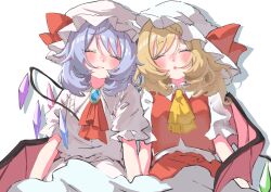  2girls ascot bat_wings blanket blonde_hair blue_hair blush closed_eyes collared_dress collared_shirt commentary_request crystal dress flandre_scarlet hair_between_eyes hat hat_ribbon highres medium_hair mob_cap monyuko_(8hjgw3xaan92729) multiple_girls parted_lips red_ascot red_skirt red_vest remilia_scarlet ribbon shirt short_sleeves shoulder-to-shoulder siblings skirt sleeping smile touhou vampire vest white_background white_dress white_shirt wings yellow_ascot 