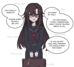  1girl akaruiakiki alternate_universe april_fools asymmetrical_bangs black_serafuku black_skirt briefcase brown_hair commentary cowboy_shot dream_journey_(umamusume) english_commentary glasses grey_eyes hair_between_eyes hatching_(texture) highres holding holding_briefcase humanization linear_hatching long_hair long_sleeves looking_at_viewer muted_color neckerchief pleated_skirt red_neckerchief school_briefcase school_uniform semi-rimless_eyewear serafuku sidelocks simple_background skirt solo speech_bubble twitter_username umamusume under-rim_eyewear watermark watermark_grid white_background winter_uniform 