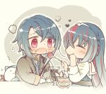  1boy 1girl alcryst_(fire_emblem) alear_(female)_(fire_emblem) alear_(fire_emblem) blue_hair blush chibi closed_eyes drink fire_emblem fire_emblem_engage food glass hair_ornament hairclip long_hair looking_at_another open_mouth red_eyes redhead short_hair simple_background skt_s sommie_(fire_emblem) tiara 