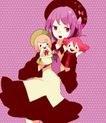 3girls bad_id bad_pixiv_id beret black_collar black_hat black_skirt black_sleeves bow character_puppet hand_puppet hat kasane_teto kasane_teto_(utau) maco22 momone_momo multiple_girls neckerchief open_mouth puppet purple_background purple_hair purple_neckerchief star_(symbol) utane_uta utau violet_eyes white_shirt