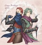  armor back-to-back brothers closed_mouth fire_emblem fire_emblem_fates green_hair holding holding_knife japanese_armor japanese_clothes kaze_(fire_emblem) knife looking_at_viewer ninja one_eye_closed red_eyes redhead saizo_(fire_emblem) scar scar_across_eye siblings tamami_if 