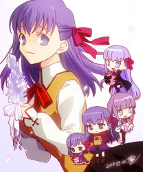  bb_(fate) bb_(fate/extra) black_skirt brown_vest fate/stay_night fate_(series) flower fujihana_(mugenpixel) hair_ribbon holding holding_flower homurabara_academy_school_uniform long_hair matou_sakura matou_sakura_(fate/extra) neck_ribbon purple_hair red_ribbon ribbon school_uniform shirt skirt vest violet_eyes white_background white_shirt 
