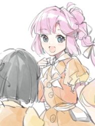  2girls :d ahoge anyoji_hime black_hair bloom_the_smile_bloom_the_dream! blue_eyes blunt_ends bob_cut chinese_commentary commentary_request dress frilled_sleeves frills highres jacket link!_like!_love_live! long_hair love_live! momose_ginko multi-tied_hair multiple_girls open_clothes open_jacket open_mouth orange_dress orange_jacket pink_hair ponytail ruoguiling short-sleeved_jacket short_hair short_sleeves simple_background smile virtual_youtuber white_background 