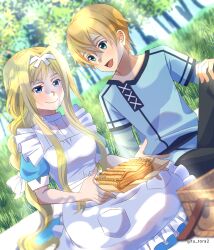  1boy 1girl :d absurdres alice_zuberg aqua_eyes artist_name black_pants blonde_hair blue_dress blue_eyes blue_shirt breasts child commentary_request cowboy_shot day double-parted_bangs dress dutch_angle eugeo food food_request forest full_body grass grey_shirt hair_between_eyes hair_ribbon hand_on_own_knee highres holding holding_food knee_up layered_shirt long_sleeves looking_at_another looking_at_food looking_down looking_to_the_side medium_dress nature outdoors pants picnic_basket puffy_short_sleeves puffy_sleeves ribbon shirt short_sleeves sitting small_breasts smile sunlight sword_art_online sword_art_online:_alicization tu_tora2 turtleneck turtleneck_dress twitter_username two-tone_dress watermark white_dress white_ribbon 