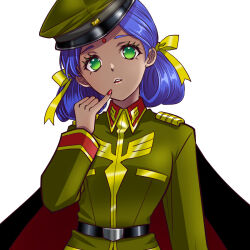  1girl belt bindi close-up commentary_request derivative_work green_eyes gundam hair_ribbon hat highres ikebukuro_maria lalah_sune looking_at_viewer military_hat military_rank_insignia military_uniform mobile_suit_gundam purple_hair ribbon science_fiction upper_body white_background yellow_ribbon zeon 