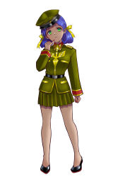  1girl belt bindi commentary_request dark_skin derivative_work green_eyes gundam hair_ribbon hat highres ikebukuro_maria lalah_sune looking_at_viewer military_hat military_rank_insignia military_uniform mobile_suit_gundam purple_hair ribbon science_fiction skirt white_background yellow_ribbon zeon 