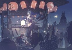  1boy 1girl absurdres ahoge architecture back braid choker crowd festival floating_hair folding_fan fox_mask full_moon genshin_impact hand_fan highres japanese_clothes kaedehara_kazuha kimono lantern long_hair mask mengaijiang924 moon multicolored_hair night oni_mask outdoors paper_lantern purple_choker purple_hair purple_kimono purple_thighhighs raiden_shogun red_hair sitting skull sky standing streaked_hair thigh-highs white_hair yukata 