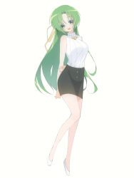  1girl arm_behind_back black_skirt breasts commentary_request decoco full_body green_eyes green_hair higurashi_no_naku_koro_ni large_breasts long_hair looking_at_viewer open_mouth parted_bangs shoes simple_background skirt sleeveless sleeveless_sweater smile solo sonozaki_shion sweater white_background white_shoes white_sweater 