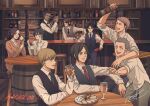  1other 2girls 6+boys absurdres armin_arlert bar_(place) bartender black_eyes black_hair blonde_hair blush bottle brown_hair connie_springer cup dark-skinned_male dark_skin drinking_glass drunk eren_yeager grin group_picture hange_zoe happy highres ice_cream_cone jean_kirchstein levi_(shingeki_no_kyojin) macaronk medium_hair mikasa_ackerman multiple_boys multiple_girls necktie official_alternate_costume official_alternate_hairstyle onyankopon_(shingeki_no_kyojin) sasha_braus shingeki_no_kyojin short_hair sideburns smile smirk vest wine_bottle wine_glass 