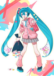  1girl absurdres backpack bag blue_eyes blue_hair blue_necktie bow bracelet collared_shirt commentary_request full_body grey_skirt hair_between_eyes hair_bow hatsune_miku headset hieno_hiro highres holding jacket jewelry leg_warmers long_hair looking_at_viewer miniskirt necktie one_eye_closed open_mouth pink_jacket pink_leg_warmers plaid_clothes plaid_skirt pleated_skirt shirt skirt solo very_long_hair vocaloid white_shirt 
