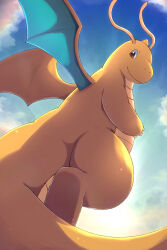  blue_sky claws closed_mouth clouds commentary_request dragon dragonite flying highres horns looking_at_viewer no_humans nostrils pokemon pokemon_(creature) pokemon_focus rumine_(yoshi1234567) single_horn sky smile solo tail wings 