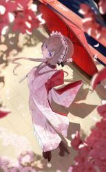  1girl absurdres alternate_costume blue_eyes boots brown_hair cherry_blossoms commentary_request day falling_petals floral_print floral_print_kimono flower from_above genshin_impact hair_between_eyes hair_flower hair_ornament high_heel_boots high_heels highres holding holding_umbrella japanese_clothes kimono looking_at_viewer looking_to_the_side looking_up oil-paper_umbrella outdoors parted_lips petals pink_kimono print_kimono red_umbrella sandrone_(genshin_impact) sazanami_(re_n_rentaro) short_hair_with_long_locks solo umbrella watermark 
