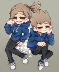  1boy 1girl animification bad_id bad_tumblr_id bilingual_commentary black_pants blue_hoodie brown_hair character_and_genderswap checkered_shoes commentary daesaeng deformed drawstring dual_persona earrings eddsworld eyebrow_piercing face_piercing genderswap genderswap_(mtf) hand_on_own_face highres hollow_eyes hood hood_down hoodie jewelry jitome korean_commentary long_sleeves looking_at_viewer mixed-language_commentary open_mouth pants piercing shoes short_hair sneakers spiky_hair tamara_(eddsworld) tom_(eddsworld) topknot variant_set 