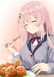  1girl :t ^_^ absurdres blush bow bowtie buttons chicken_(food) chopsticks closed_eyes closed_mouth collared_shirt commentary eating fingernails food fried_chicken grey_jacket hair_between_eyes hair_ornament hairclip hand_up happy harumi_ena highres holding holding_chopsticks jacket limelight_lemonade_jam long_hair long_sleeves nodoameyatou parallel_hairclips pink_background pink_hair red_bow red_bowtie school_uniform shirt sidelocks simple_background smile solo sparkle split_mouth steam straight_hair upper_body white_shirt 