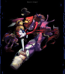  1other 3boys 3girls absurdres caine_(the_amazing_digital_circus) colored_skin demermio dentures furry furry_male gangle_(the_amazing_digital_circus) gloves hat hat_bell highres imminent_murder jax_(the_amazing_digital_circus) jester jester_cap jester_costume kinger_(the_amazing_digital_circus) knife multicolored_hat multiple_boys multiple_girls overalls pink_overalls pomni_(the_amazing_digital_circus) puffy_sleeves rabbit rabbit_boy ragatha_(the_amazing_digital_circus) ribbon short_sleeves simple_background source_quote sparkle striped_clothes striped_headwear teeth the_amazing_digital_circus vertical-striped_clothes vertical-striped_headwear white_skin zooble_(the_amazing_digital_circus) 