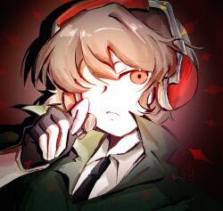  1boy 3: adjusting_headset animification black_gloves black_necktie breasts charles_calvin chinese_commentary closed_mouth collared_jacket collared_shirt commentary_request double-parted_bangs film_grain fingerless_gloves frown gloves green_jacket hand_up headphones headset henry_stickmin_(series) highres jacket looking_at_viewer male_focus medium_breasts necktie pale_skin pigeon_(xinjinjumin3045112) portrait red_background red_eyes shirt sidelocks simple_background solo sparkle swept_bangs vignetting white_shirt 