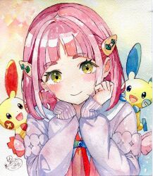  1girl absurdres arched_bangs blush cardigan closed_mouth commentary eyelashes fantasydolce gloves hair_ornament hairclip hands_up highres lacey_(pokemon) long_hair minun painting_(medium) pink_hair plusle pokemon pokemon_(creature) pokemon_scarlet_and_violet purple_cardigan signature single_glove sleeves_past_wrists smile traditional_media watercolor_(medium) yellow_eyes 