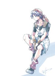  1boy armor artist_name bandana belt black_belt black_boots black_shirt blue_eyes blue_shorts boots brown_gloves chainmail chrono_cross closed_mouth collarbone full_body gloves invisible_chair jewelry loose_socks male_focus michibata_65 parted_bangs pendant red_bandana red_socks ribbed_socks serge_(chrono_cross) shirt short_hair short_sleeves shorts signature sitting socks solo white_background 